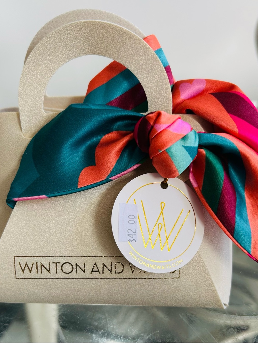 Winton and Waits Silk Bow Head Scarf - Teal, Coral, Pink  NWT